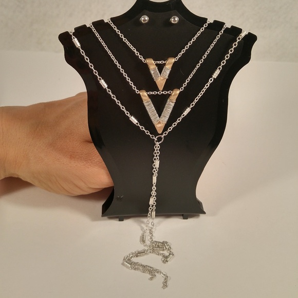 Necklace earring set gold silver wire wrapped V - Picture 1 of 4